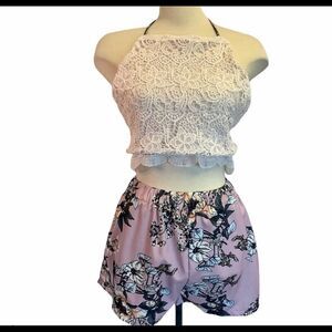 ZAFUL Tie Back Lace Halter Top Floral Shorts Sz L